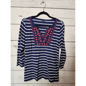 Tommy Hilfiger Womens Blouse Multicolor Striped 3/4 Sleeve V Neck Embroidered M‎